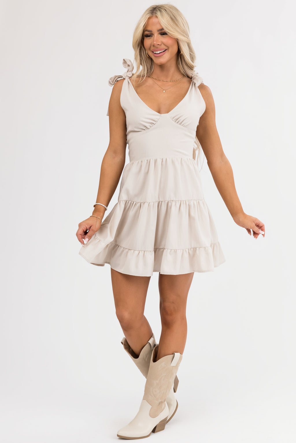 Apricot Tie Strap Short Tiered Dress