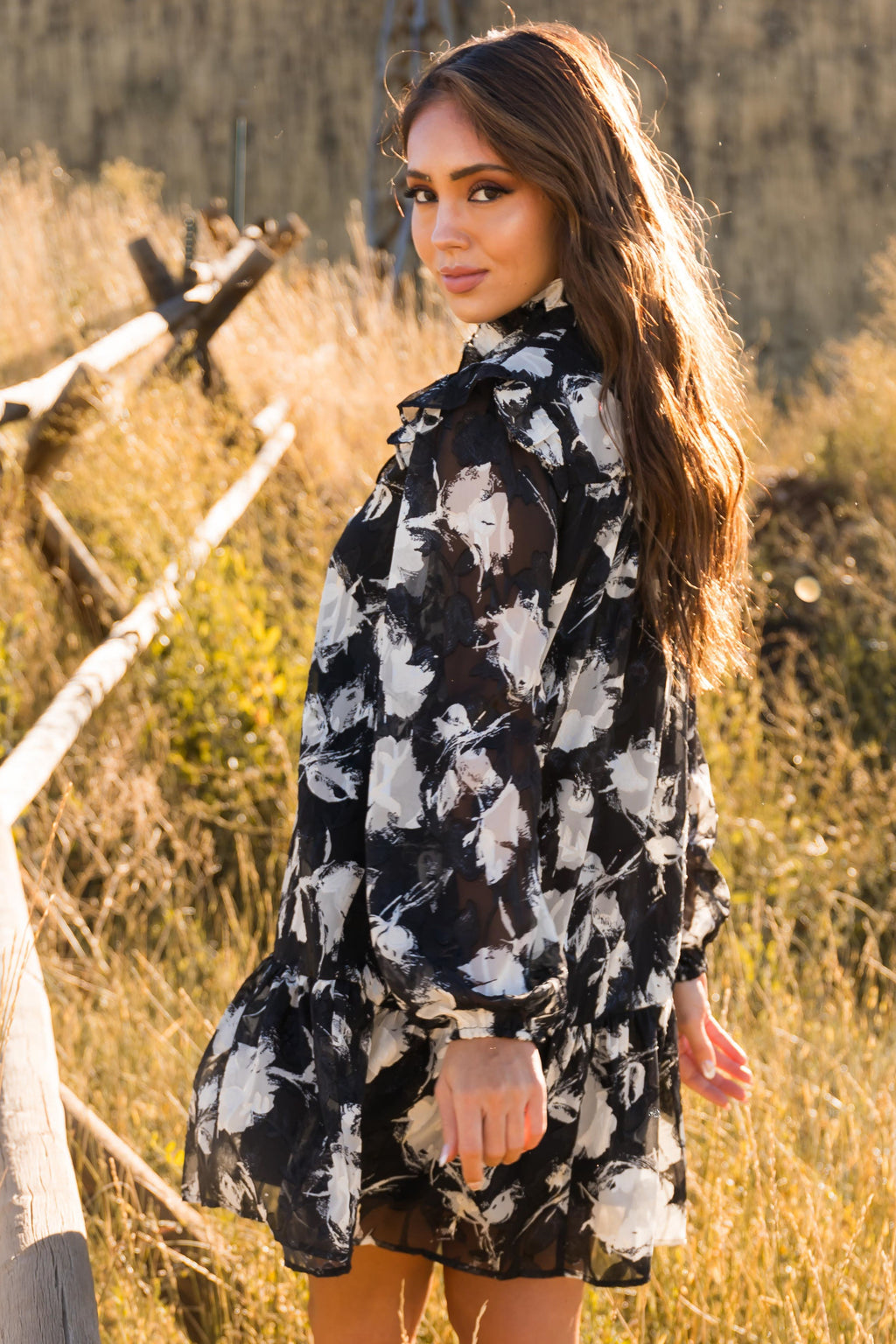 Black Ivory Print Long Sleeve Dress