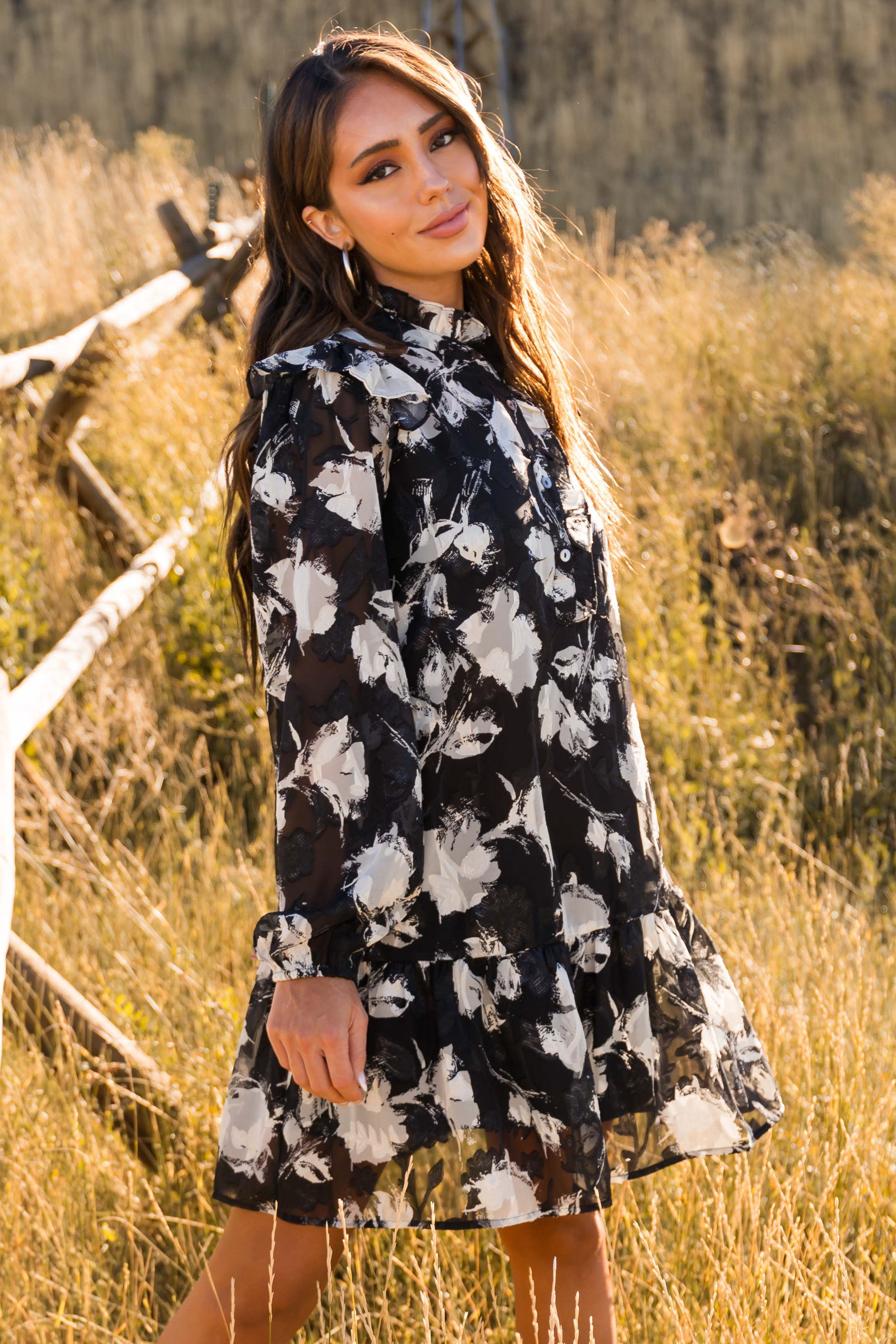 Black Ivory Print Long Sleeve Dress