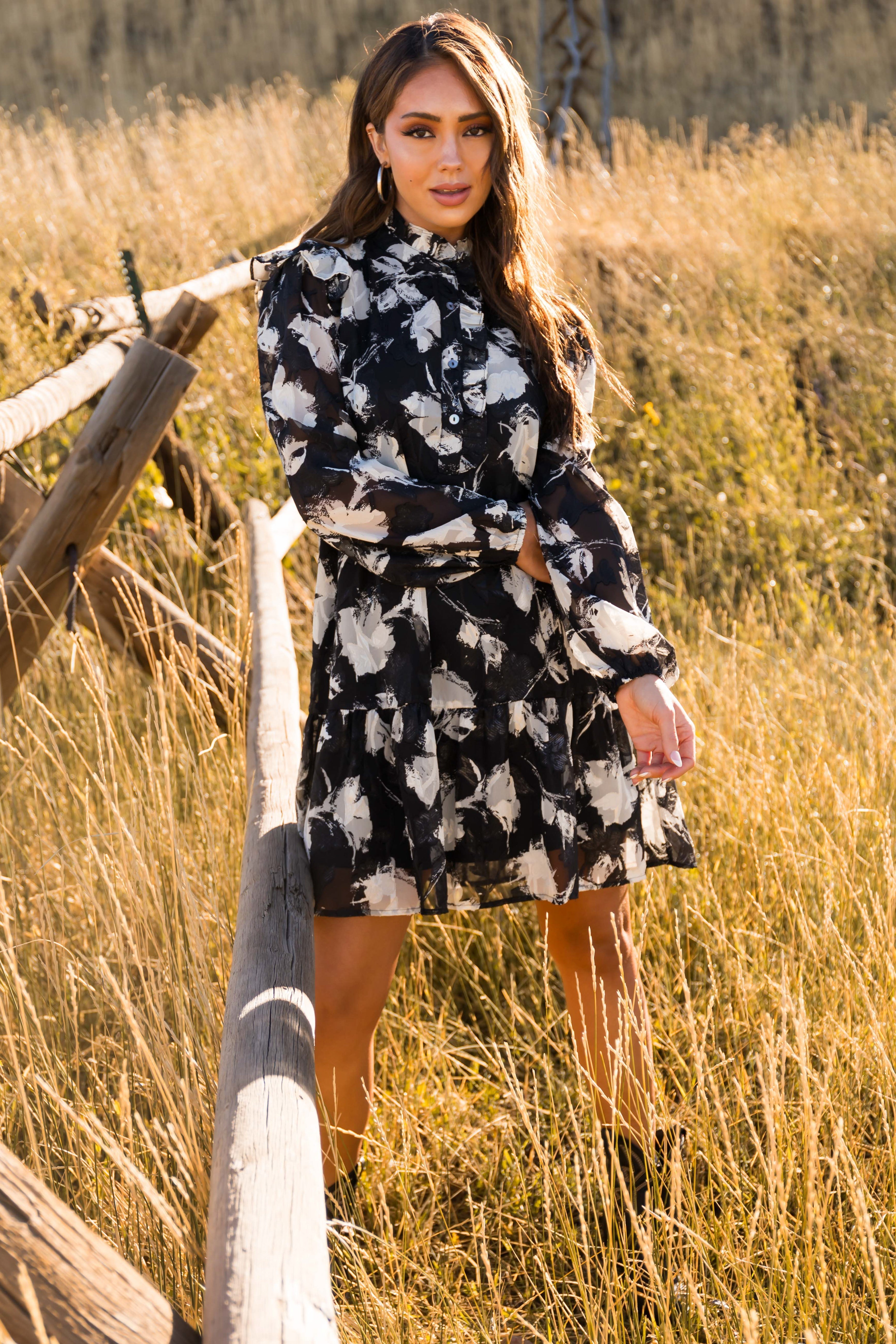 Black Ivory Print Long Sleeve Dress