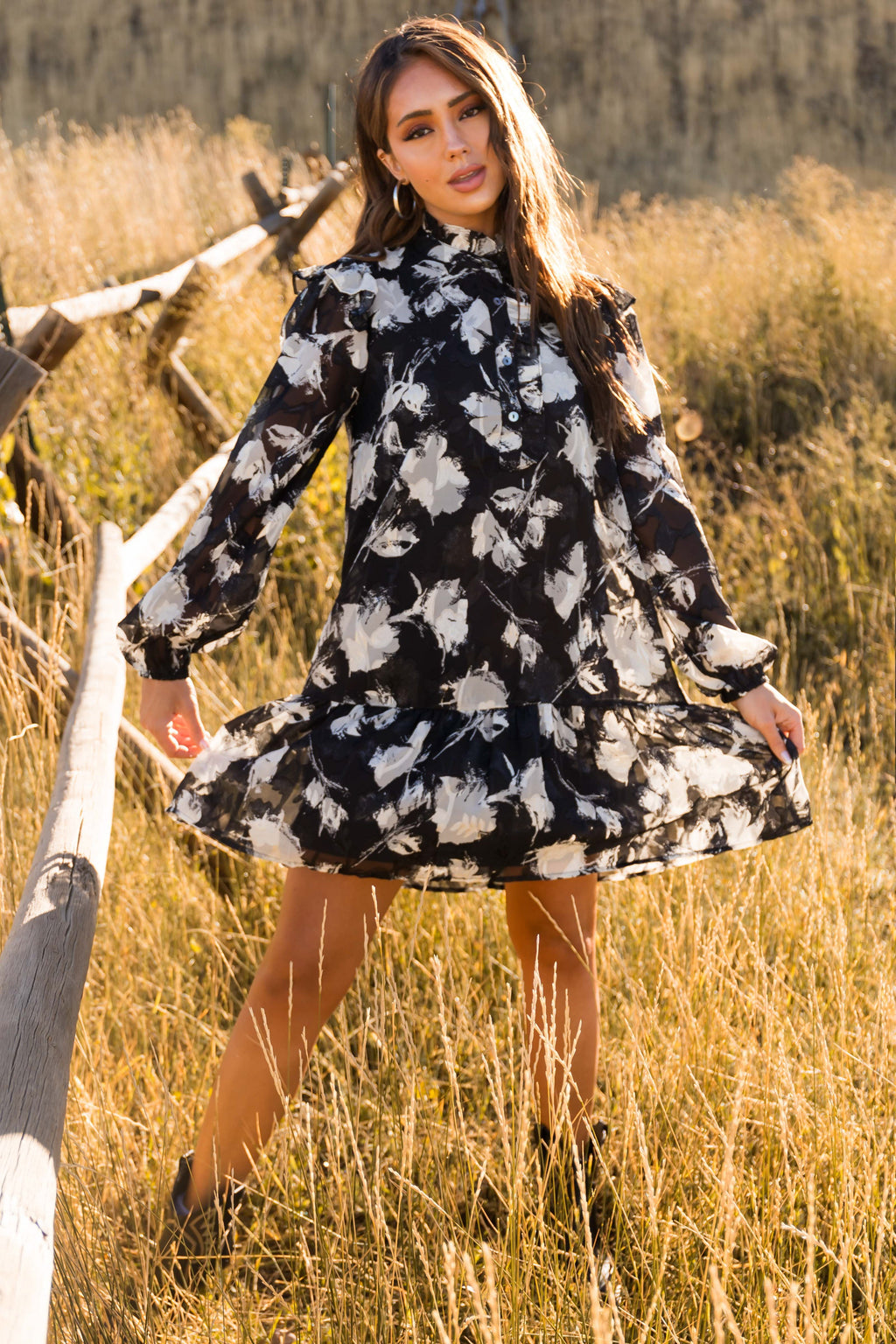 Black Ivory Print Long Sleeve Dress