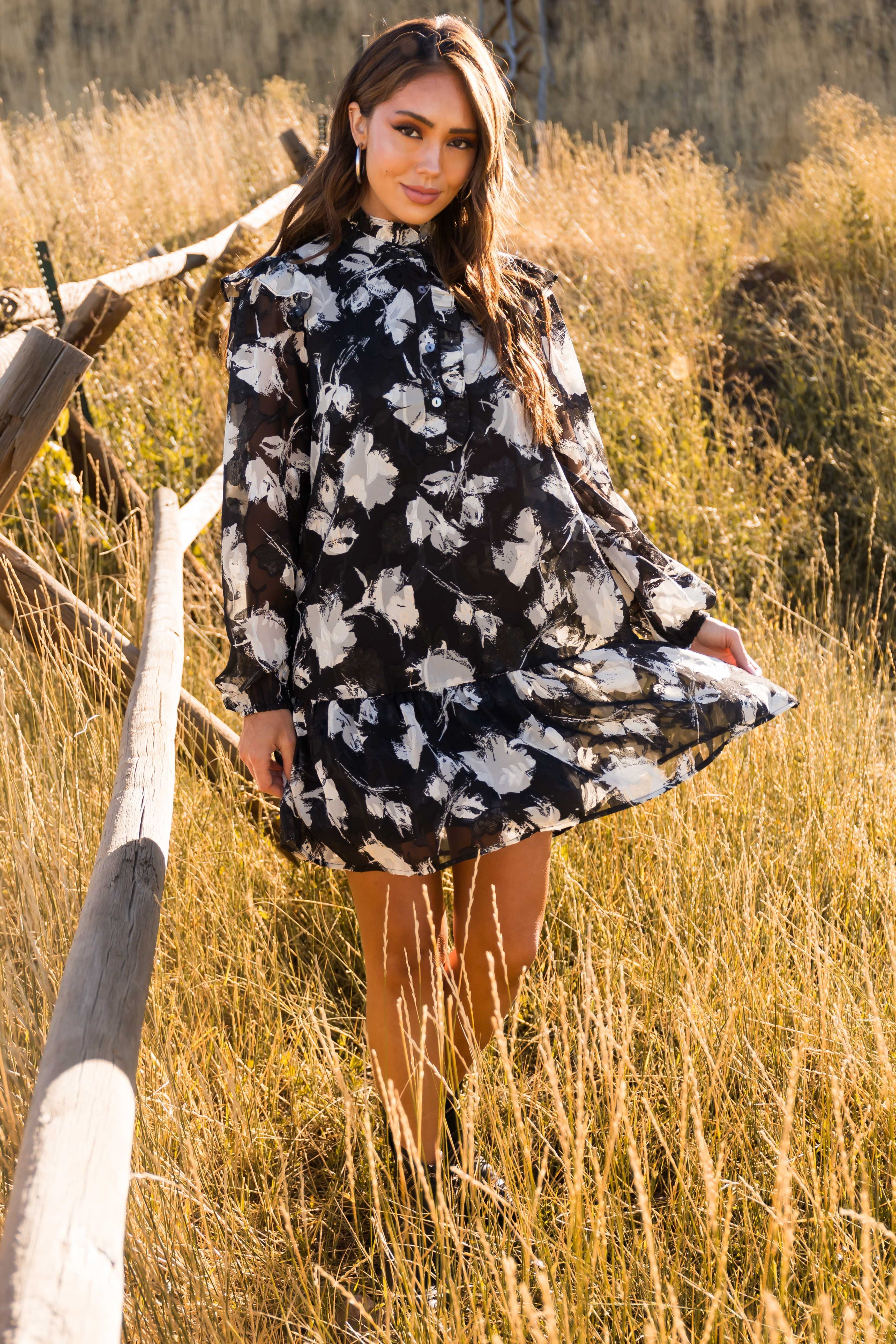 Black Ivory Print Long Sleeve Dress