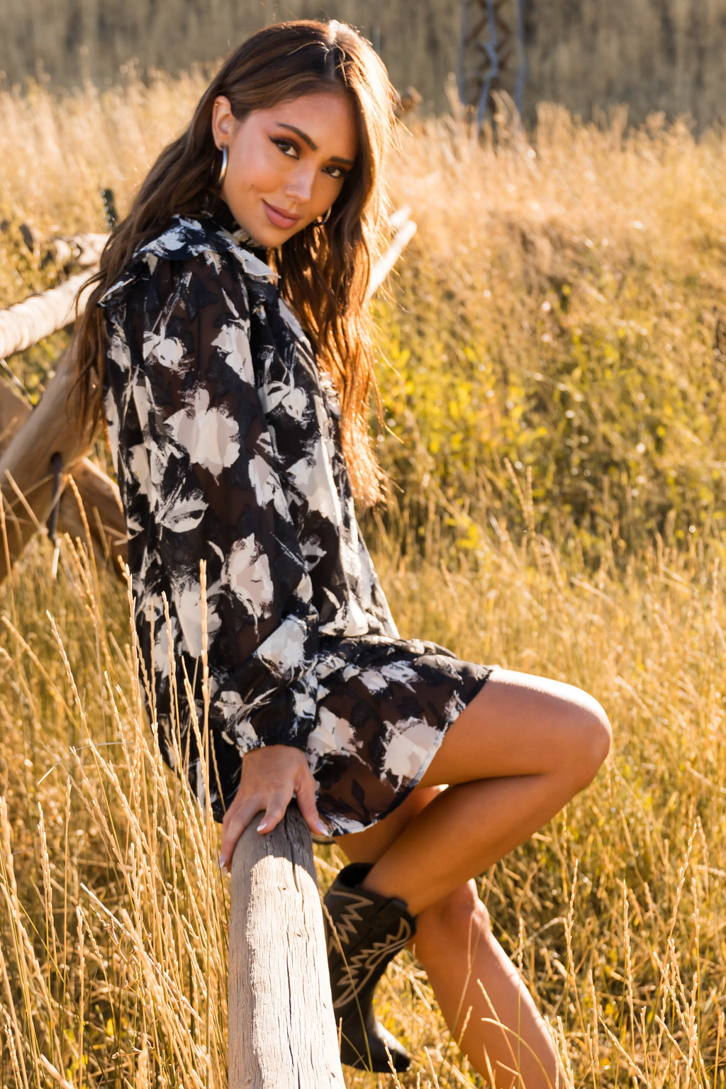 Black Ivory Print Long Sleeve Dress